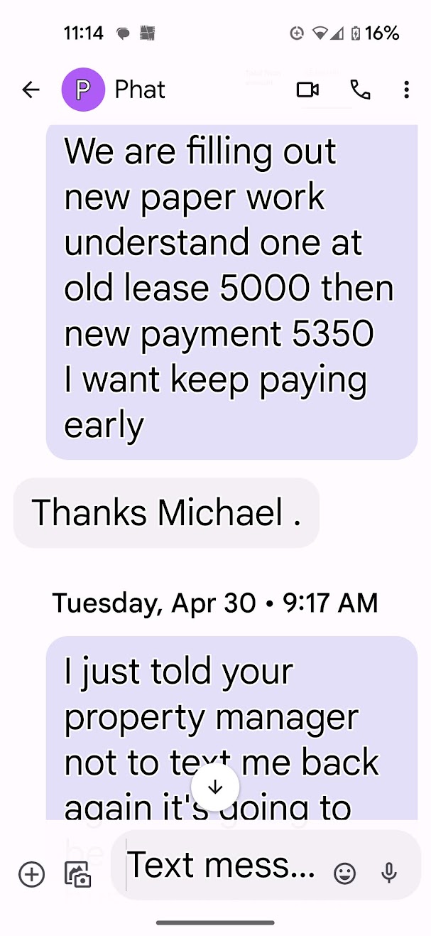Text from agent confirming lease payment